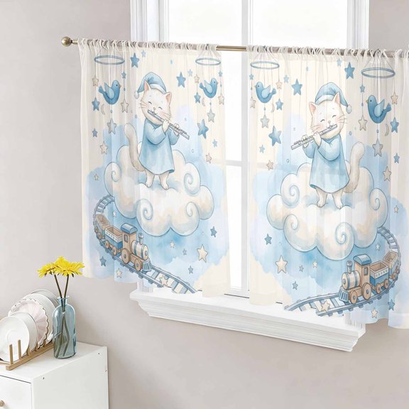 Beige Cartoon Cats Sheer Curtains 45 Inch Length 2 Panels Set, Cute Cats Sleeping Dreams Clouds Voile Window Treatment Rod Pocket Small Kitchen Curtains Drapes for Bedroom 52"x45"x2
