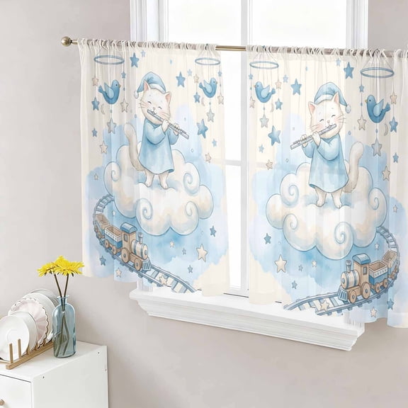 Beige Cartoon Cats Sheer Curtains for Living Room Bedroom Cute Cats Sleeping Dreams Clouds Sheer Curtains 45 Inch Long 2 Panels Set Light Filtering Curtain Window Treatments Drapes for Dining Room