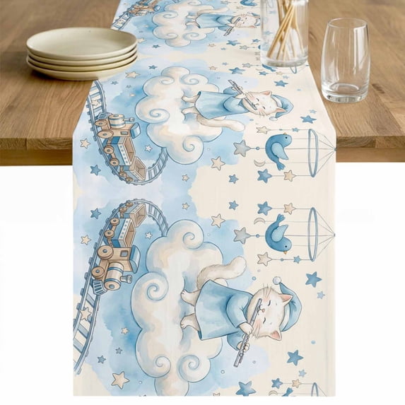 Beige Cartoon Cats Table Runner - 70 Inch Long Cute Cats Sleeping Dreams Clouds Cotton and Linen Blended Dress Scarves Farmhouse Table Runner for Kitchen Dining, Coffee Table, 13" x 70"