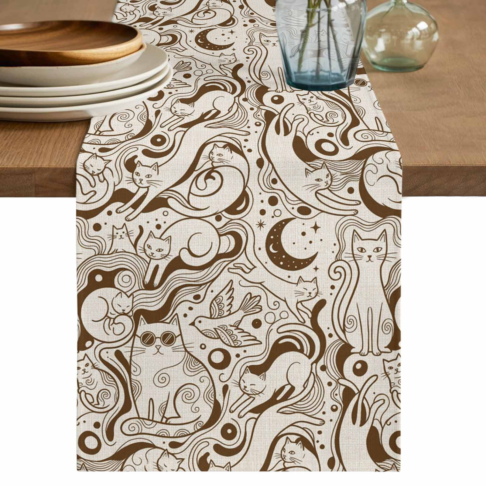 Beige Cartoon Cats Table Runner 70 Inches, Modern Abstract Art Striped ...