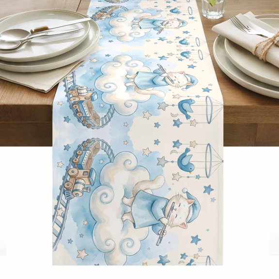 Beige Cartoon Cats Table Runner Cute Cats Sleeping Dreams Clouds Tablerunners 13 x 36 Inch, Table Decorations Tabletop Scarf for Summer Gathering Holiday Farmhouse Kitchen Dining Decor