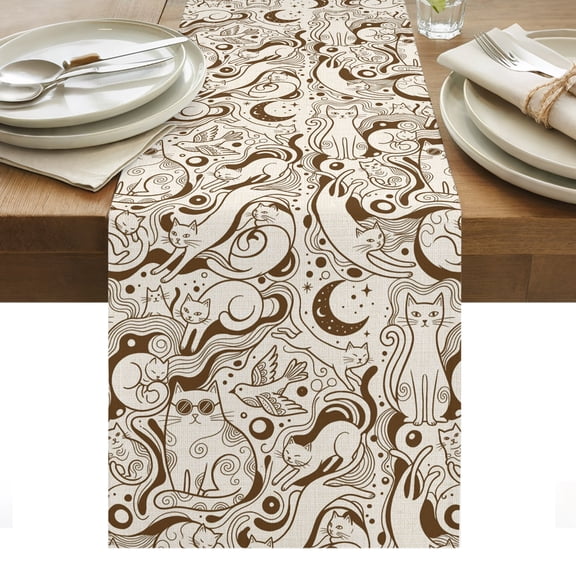 Beige Cartoon Cats Table Runner Modern Abstract Art Striped Cats Tablerunners 13 x 36 Inch, Table Decorations Tabletop Scarf for Summer Gathering Holiday Farmhouse Kitchen Dining Decor