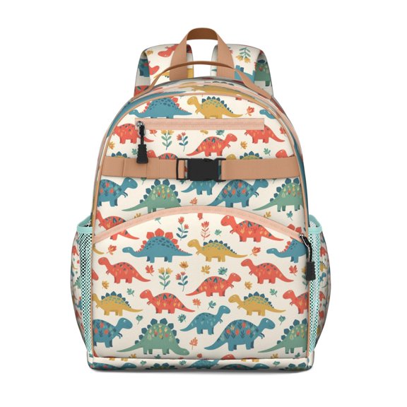 Beige Cartoon Dinosaurs Flowers Pattern Backpack for School,Cute School Bag,Schoolbag with Adjustable Shoulder Straps & Padded Back,15.25"x11.5"x5.25"