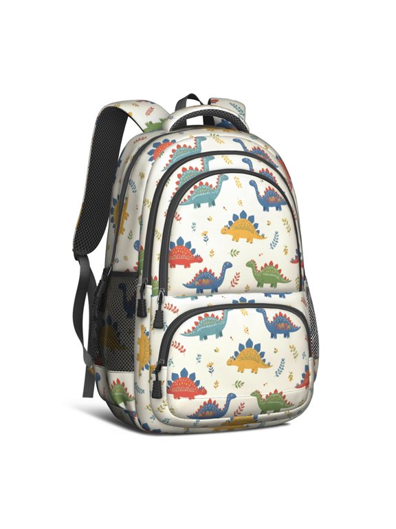 Beige Cartoon Dinosaurs Flowers Pattern Cute School Backpack Bag with Padded Back and Adjustable Shoulder Straps 16.9 X 12.6 X 5.9 Inches