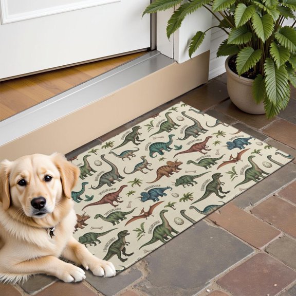 Beige Cartoon Dinosaurs Names Pattern Door Rugs,Washable Non Slip Door Mats Indoor,Decorative Door Mats,Entry Mat Indoor for Entrance,Bedroom,Kitchen,Bathroom,16"x24"