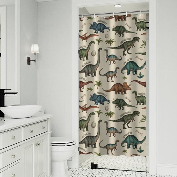 Beige Cartoon Dinosaurs Names Pattern Shower Curtain 36"x72" ,Bathroom Decorative Shower Curtains Set with 12 Hooks,Modern Waterproof Washable Shower Curtain