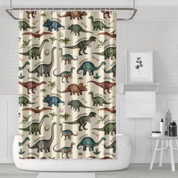Beige Cartoon Dinosaurs Names Pattern Shower Curtain 72"x72" ,Bathroom Decorative Shower Curtains Set with 12 Hooks,Modern Waterproof Washable Shower Curtain