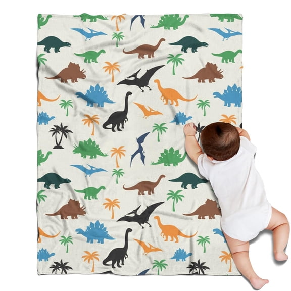 Beige Cartoon Dinosaurs Palms Pattern Blanket,Comfortable Soft Flannel Throw Blanket,All Season,Warm Lightweight Blankets for Sofa Bed Couch Living Room Chair,30"x40"