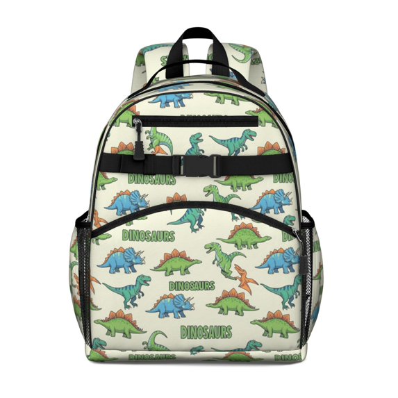 Beige Cartoon Dinosaurs Pattern Cute School Backpack Bag for School with Padded Back and Adjustable Shoulder Straps 15.25"x11.5"x5.25"
