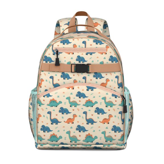 Beige Cartoon Dinosaurs Plants Pattern Backpack for School,Cute School Bag,Schoolbag with Adjustable Shoulder Straps & Padded Back,15.25"x11.5"x5.25"