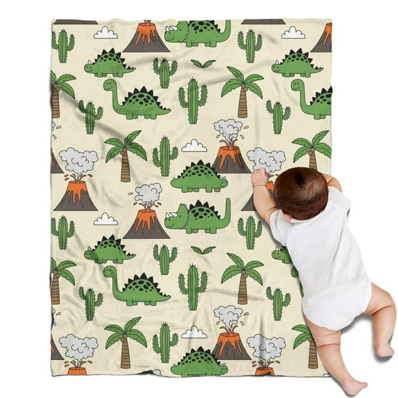 Beige Cartoon Dinosaurs Volcanoes Cacti Pattern Blanket,Comfortable Soft Flannel Throw Blanket,All Season,Warm Lightweight Blankets for Sofa Bed Couch Living Room Chair,30"x40"