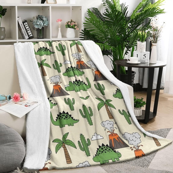 Beige Cartoon Dinosaurs Volcanoes Cacti Pattern Blanket,Comfortable Soft Lamb Wool Throw Blanket,All Season,Warm Lightweight Blankets for Sofa Bed Couch Living Room Chair,50"x60"