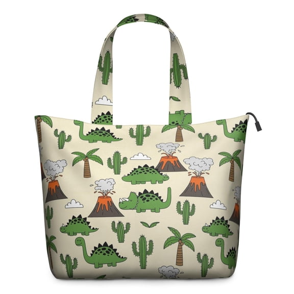 Beige Cartoon Dinosaurs Volcanoes Cacti Pattern Travel Tote Bags for Women Carry On,Large Weekender Bags for Women Travel,Multi Functional Duffle Bag for Work,Shopping,Sports