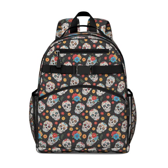 Black Colorful Skull Flower Pattern Backpack for School,Cute School Bag,Schoolbag with Adjustable Shoulder Straps & Padded Back,15.25"x11.5"x5.25"