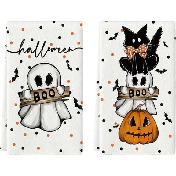 Beige Cat Pumpkin Ghost Halloween Kitchen Towels Dish Towels, 18x26 Inch Bats Jack-O''-Lantern Decoration Hand Towels Set of 2