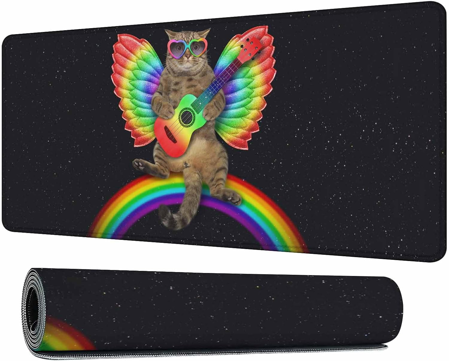 A Beige Cat with Rainbow Wings and Guitar Large Gaming Mouse Pad Funny