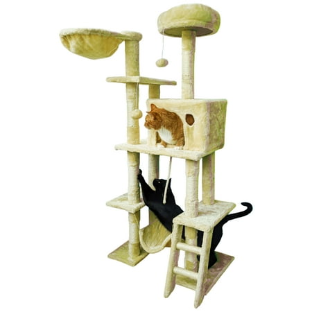 Beige Cat Tree Tower for Indoor Cats & Kittens, 57" Tall Multi-Level with Comfy Perch & Basket, Hideaway Condo, Sisel Scratcher Posts & Ladder, Ball Toys, & Dangling Rope