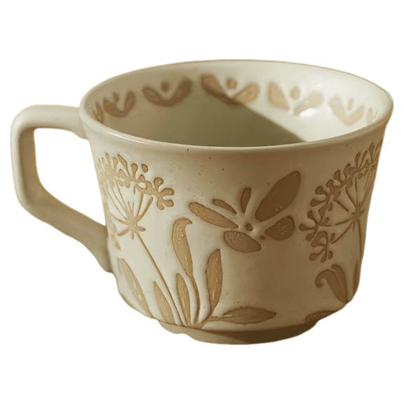 Beige Ceramic Coffee Mug, 11.8 oz Breakfast Mug with Butterfly Relief Design, Wide Handle and Round Rim, 4.1 x 3 in Retro Design Mug for Microwave Oven, Dishwasher