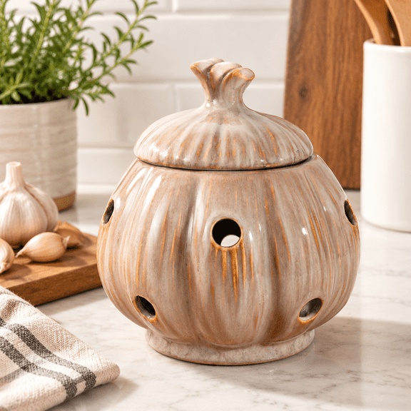 Beige Ceramic Garlic Keeper Jar, Large Kitchen Countertop Storage Canister with Lid
