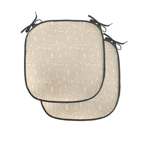 Beige Chair Seating Cushion Set of 2, Swirling and Flower Patterns in Antique Style Oriental Motifs Nature Garden Print, Seat Pads for Office with Anti-slip Backing, 16"x16", Beige, by Ambesonne