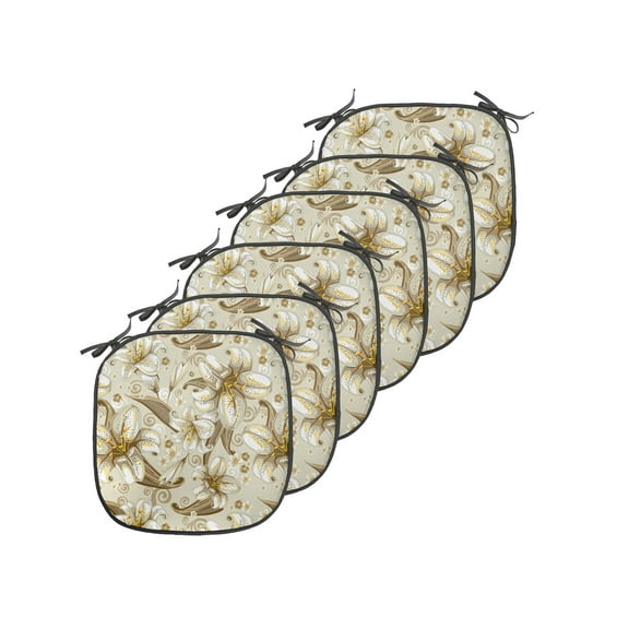 Beige Chair Seating Cushion Set of 6, Wild Distressed Lilies Floral Background Blooming Petals Bouquet Nature Theme, Seat Pads with Anti-slip Backing, 16"x16", White Yellow Beige, by Ambesonne