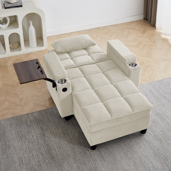 Beige Chaise Lounge Sofa,Sleeper Chair Bed with 6-Position Adjustable Backrest,USB Ports, Cup Holder and Swivel Side Table