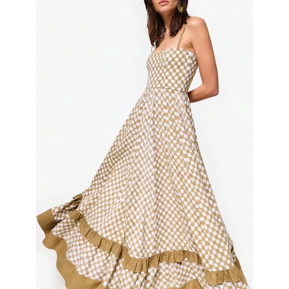 Beige Checkerboard Print Sleeveless Spaghetti Strap Flowy Maxi Dress With Ruffle Hem