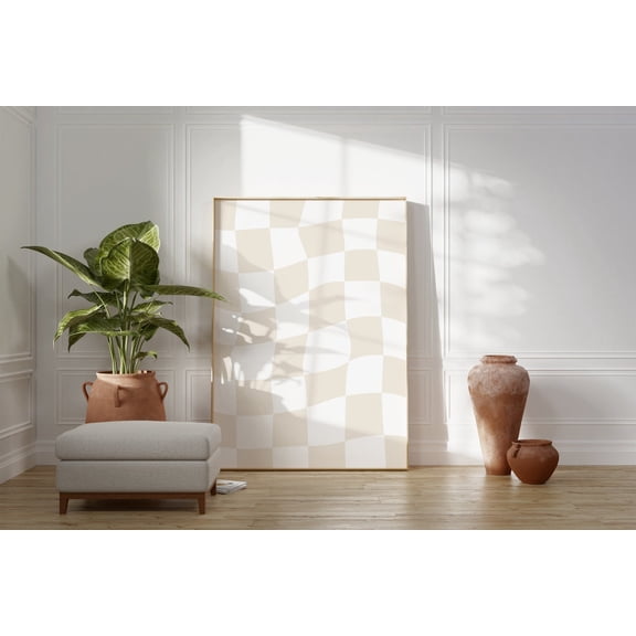 Beige Checkerboard Wall Art Print Retro Neutral Home Decor