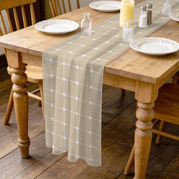 Beige Checkered 4.5ft Cheesecloth Table Runner for Wedding 19"x55", Modern Minimalist Geometric Grid Lines Plaid Kitchen Dinner Sheer Tulle Chiffon Dresser Scarf, Holiday Party Decorations