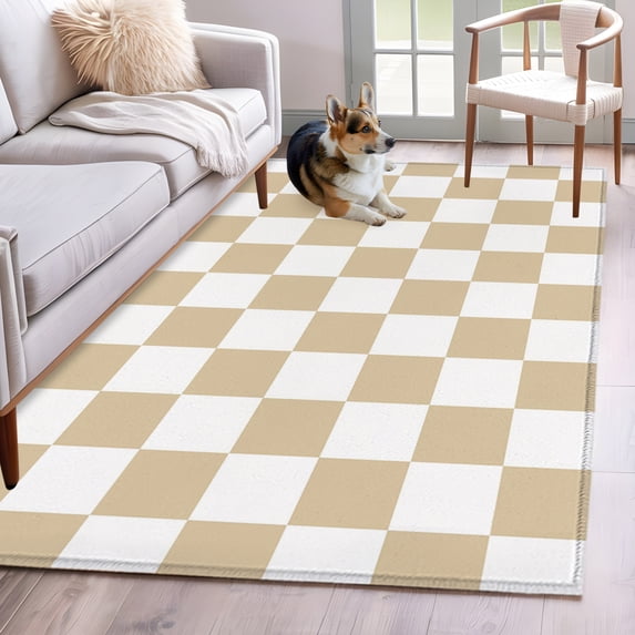 Beige Checkered Area Rug 3x5 FT, Non Slip Entryway Bedside Carpet, Geometric Cream Buffalo Plaid Washable Soft Floor Carpet Indoor Mat Non-Shedding Throw Rug for Dorm Kitchen Home Office
