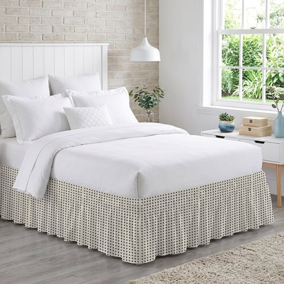 Beige Checkered Bed Skirt California King Size 18 Inch Drop, Country Abstract Geometric Diagonal Plaid Adjustable Elastic Dust Ruffles Bedskirt Wrap Around Pleated Mattress Frame Cover