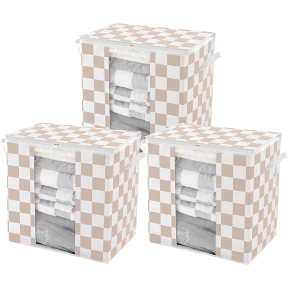 Beige Checkered Clothes Storage Bins, 100L Large Blanket Bags 3 Pack, Closet Organizers and Containers for Comforters, Bedding, Foldable Organizer with Handle