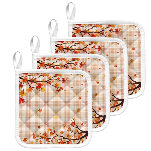 Beige Checkered Fall Pot Holders for Kitchen Heatproof Potholder, 4 Pack Thanksgiving Maple Leaves Hot Pads Multipurpose Oven Pads Terry Cloth Potholders Trivet for Cooking and Baking