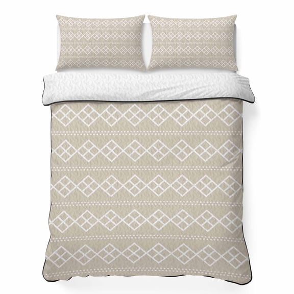 Beige Checkered King Quilt Bedding Set, Abstract White Geometric Argyle Stripe Modern Lightweight Comforter with 2 Pillow Shams Bedroom Bedspread Set Home Decor for All Seasons