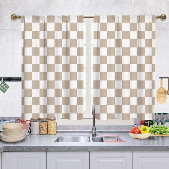 Beige Checkered Kitchen Curtains, Rustic Farmhouse Kitchen Curtain, Checkerboard Vintage Small Kitchen Curtains Sets for Bathroom Cafe Window Treatment Drapes 2 Panels (Each 27.5x39 Inch)