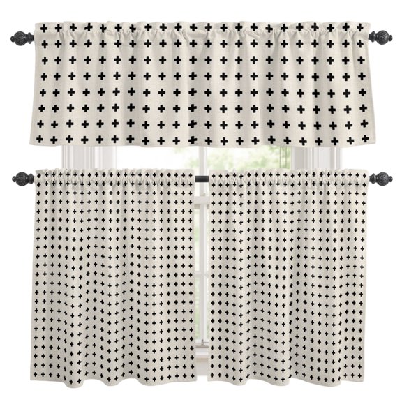 Beige Checkered Kitchen Curtains Valances 3 Piece Set, Country Abstract Geometric Diagonal Plaid Rod Pocket Tier Curtain and Valance Drapes for Small Window 36 Inch Length for Bedroom Cafe