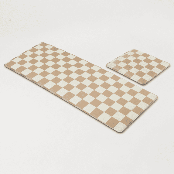 Check Floor Rug Beige Checkered Kitchen Mat Set of 2, Cushioned Non-Slip Floor Rugs for ...