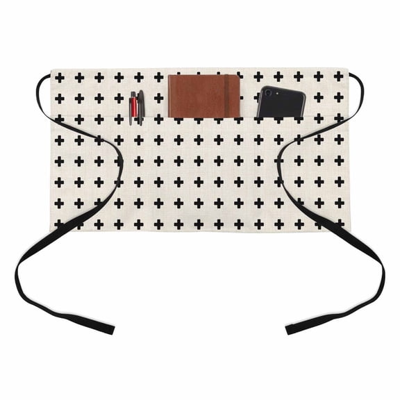 Beige Checkered Kitchen Restaurant Half Waist Apron, Country Abstract Geometric Diagonal Plaid Server Short Apron with 3 Pockets Waterproof Oil Waist Aprons for Women Waitress Waiter