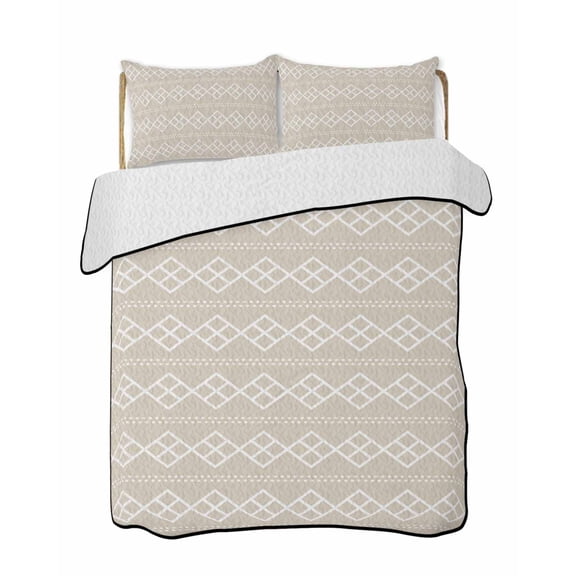 Beige Checkered Quilts Bedding Set Full Size Abstract White Geometric Argyle Stripe Modern Lightweight Quilted Bedspread 3 Piece Bed Quilt with 2 Pillow Shams All Season for Bedroom 68" x 98"