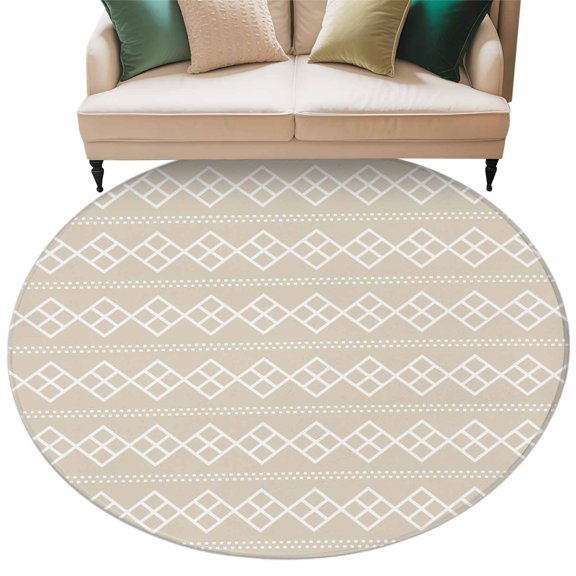 Beige Checkered Round Rug 6Ft Abstract White Geometric Argyle Stripe Modern Circle Area Rugs Washable Non Slip Indoor Floor Mats Carpet for Living Room Bedroom Dining Room Home Decor