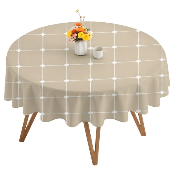 Beige Checkered Round Tablecloth 54 inches Modern Minimalist Geometric Grid Lines Plaid Waterproof Oil-Proof Table Cloth Round Table Cover for Holiday Party Picnic Dinner Decor Indoor and Outdoor Use