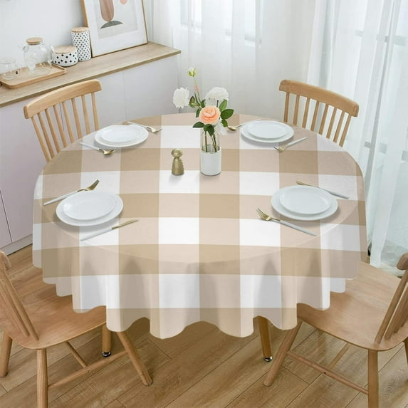 Beige Checkered Round Tablecloth 60 Inch - Waterproof Fabric Table Cloth Protector, Farmhouse White Buffalo Plaid Tablecloths Washable Table Cover for Kitchen Banquet Coffee Table Outdoor Party