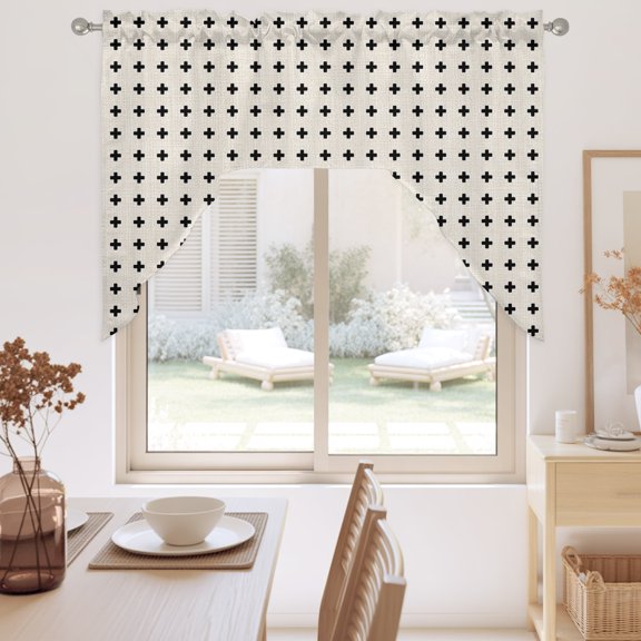 Beige Checkered Swag Valance for Windows, Country Abstract Geometric Diagonal Plaid Swag Curtains Valances for Small Window Treatment Rod Pocket for Kitchen Bathroom 1 Panel 56x36in