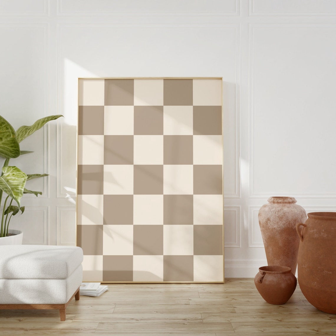 Beige Checkered TShirt Checkerboard Retro Funky Neutral Home Aesthetic