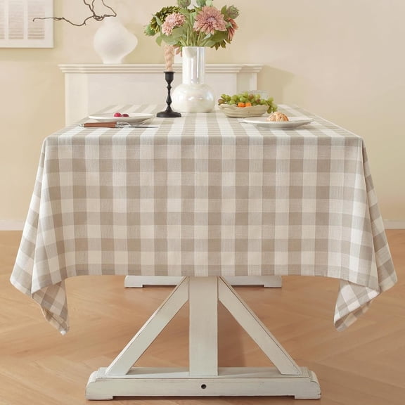 Beige Checkered Tablecloth Rectangle Tables Buffalo Plaid Gingham Table Cloth Cotton Rustic Tablecloths Washable Wrinkle Free for Party Picnic Kitchen, 60"x106" 8-10 Seats