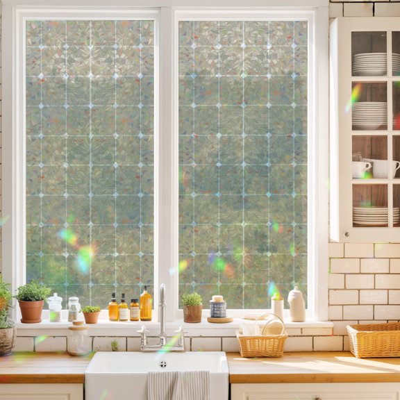 Beige Checkered Window Privacy Film Modern Minimalist Geometric Grid Lines Plaid Static Cling Stained Glass Window Film Non-Adhesive Decorative Decals Rainbow Sticker 17.7"X39.3"