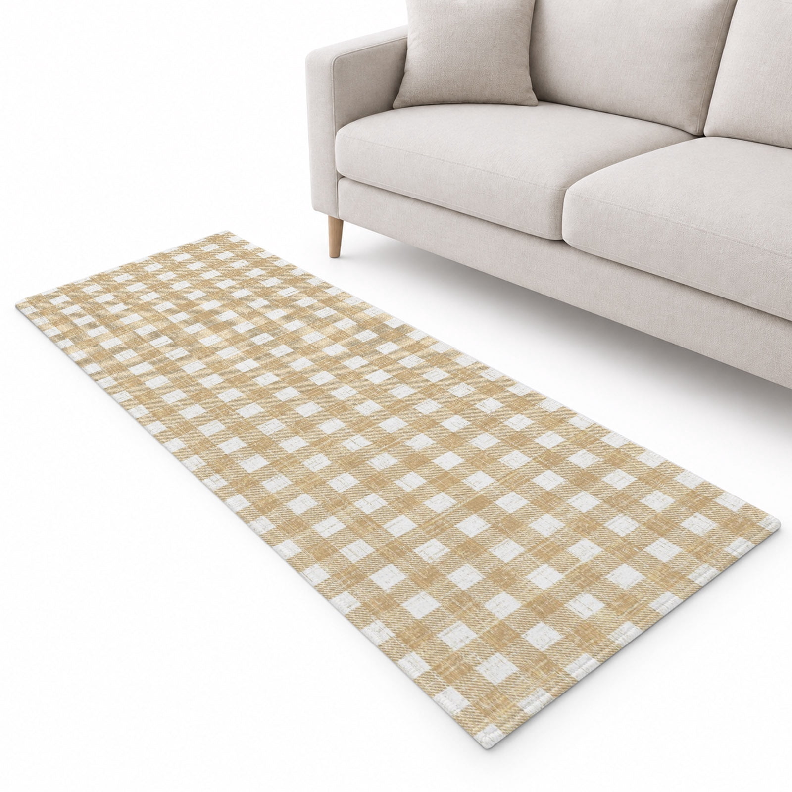 Beige Checks Runner Rug 2'x6', Sand Striped White Gingham Plaid Rustic ...