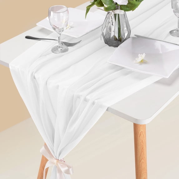 Beige Cheesecloth Table 10Ft Chiffon Table Runner 29X120 Inches Dusty Blue Table Runner For Wedding Baby Girl Bridal Shower Decorations, Household Antependium