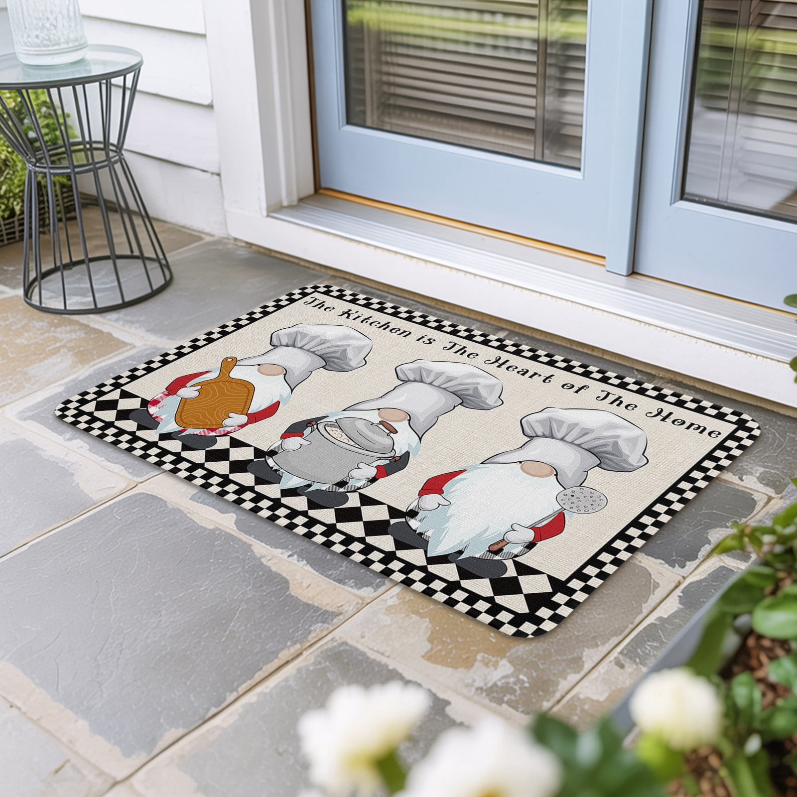 Beige Chef Gourmet Door Mat Indoor Outdoor, Black White Plaid Kitchen ...