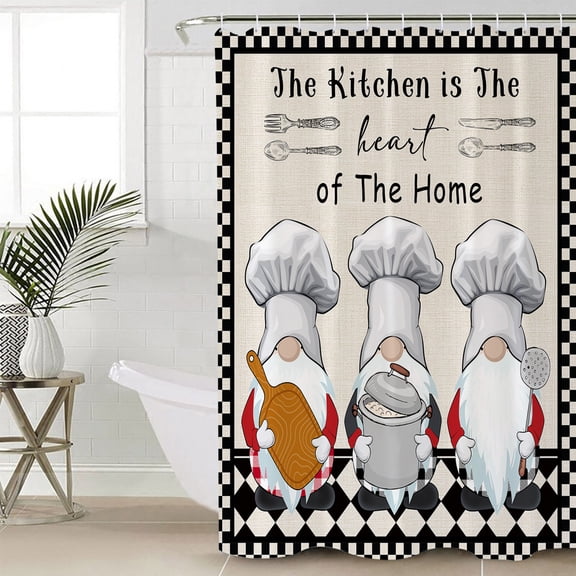 Beige Chef Gourmet Long Shower Curtain Set, Waterproof Shower Curtains for Bathroom, Black White Plaid Kitchen Cook Washable Fabric Cloth Bath Curtain for Bathtub Decoration with Hooks 72x84 Inches